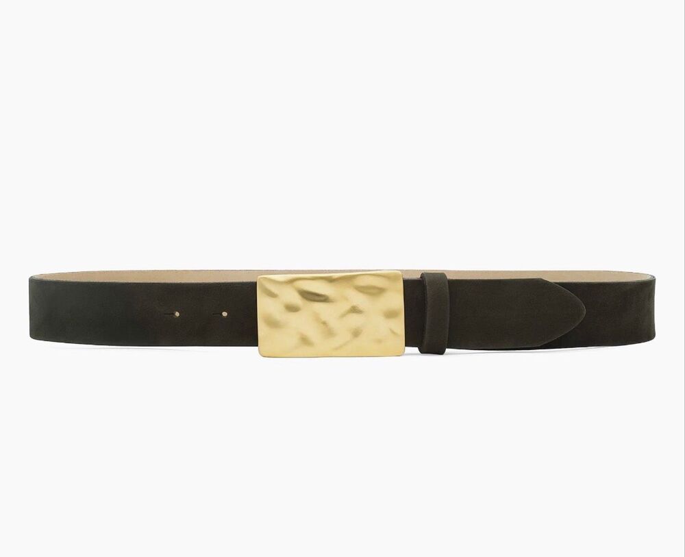 L’Agence Chara Luxury Goldtone Hammer Belt Olive Suede XS